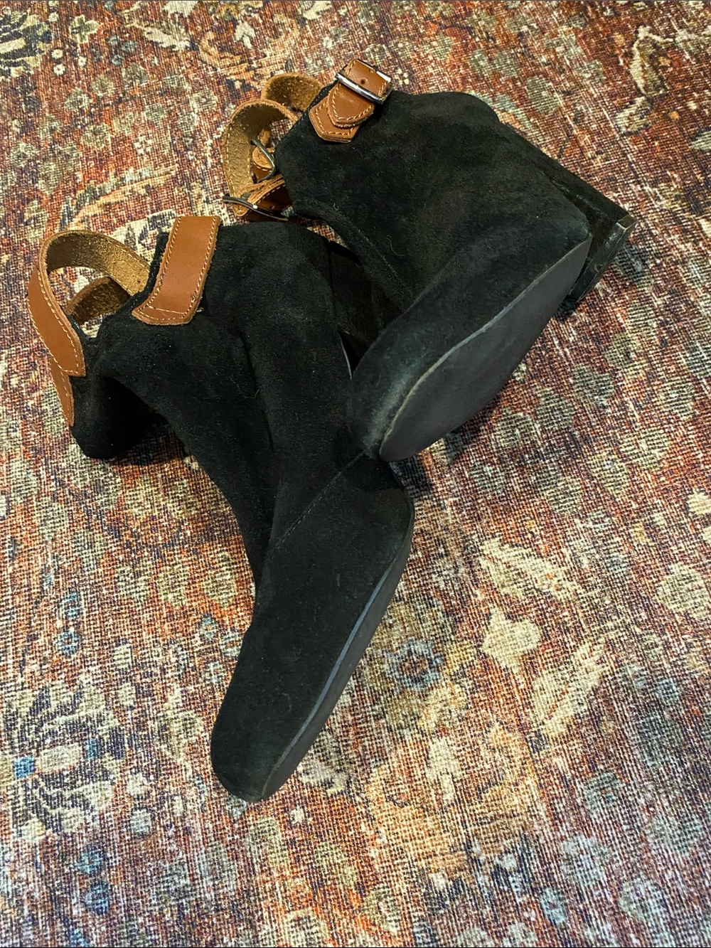 Anthropologie/Pied Juste Black Suede Ankle Boots with Tan Buckle Straps. Size 9 - Picture 9 of 11